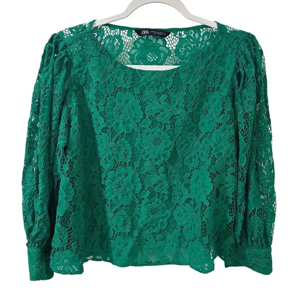 Zara Emerald Green Floral Lace Puff Sleeve Blouse EUC Fairycore Romantic EUC M